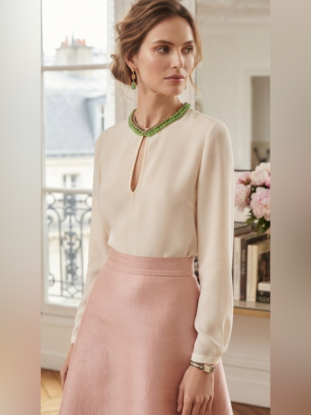 Gucci ivory embellished neckline silk blouse